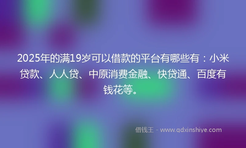 2025年的满19岁可以借款的平台有哪些有：小米贷款、人人贷、中原消费金融、快贷通、百度有钱花等。