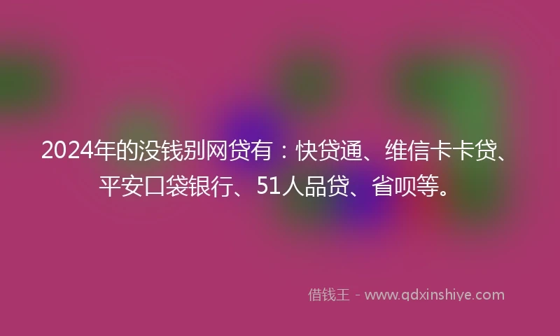 2024年的没钱别网贷有：快贷通、维信卡卡贷、平安口袋银行、51人品贷、省呗等。
