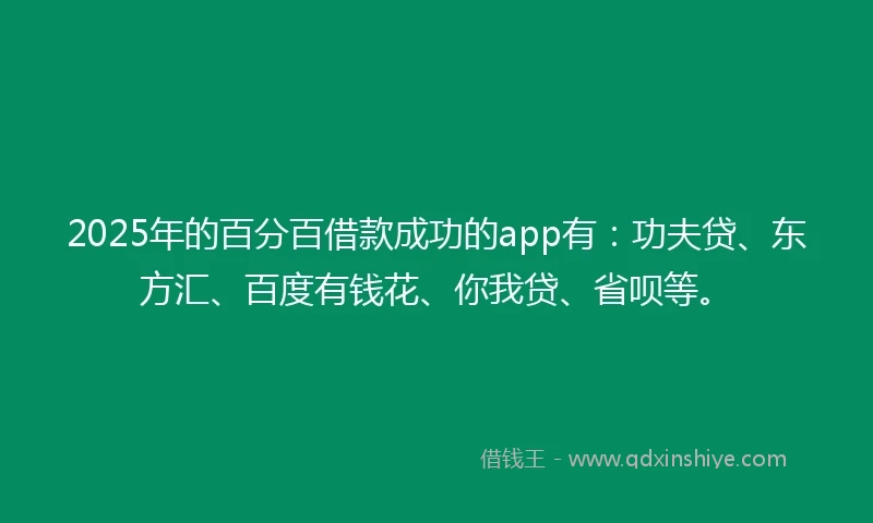 2025年的百分百借款成功的app有：功夫贷、东方汇、百度有钱花、你我贷、省呗等。