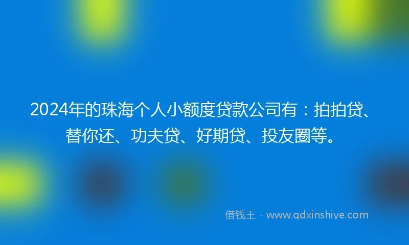 2024年的珠海个人小额度贷款公司有：拍拍贷、替你还、功夫贷、好期贷、投友圈等。