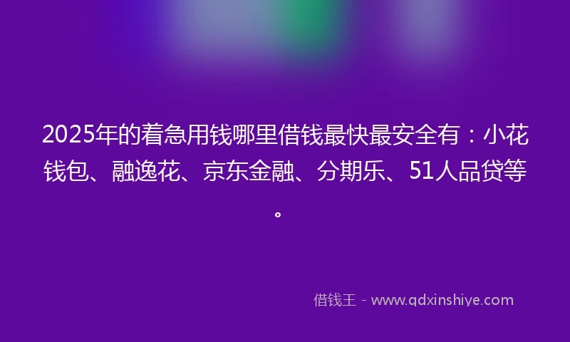 2025年的着急用钱哪里借钱最快最安全有：小花钱包、融逸花、京东金融、分期乐、51人品贷等。