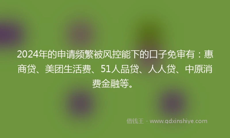 2024年的申请频繁被风控能下的口子免审有：惠商贷、美团生活费、51人品贷、人人贷、中原消费金融等。