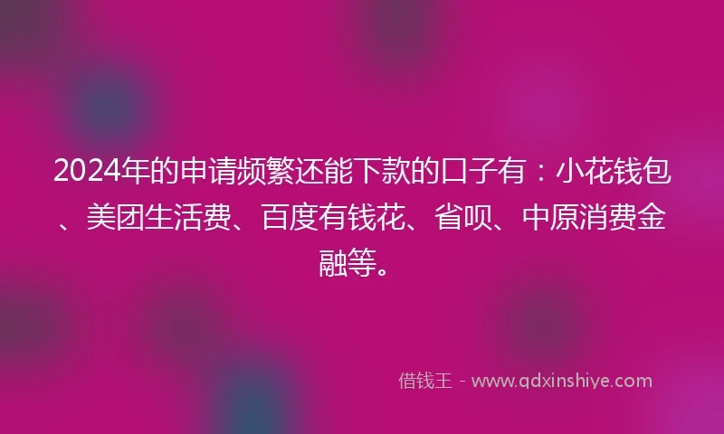 2024年的申请频繁还能下款的口子有：小花钱包、美团生活费、百度有钱花、省呗、中原消费金融等。