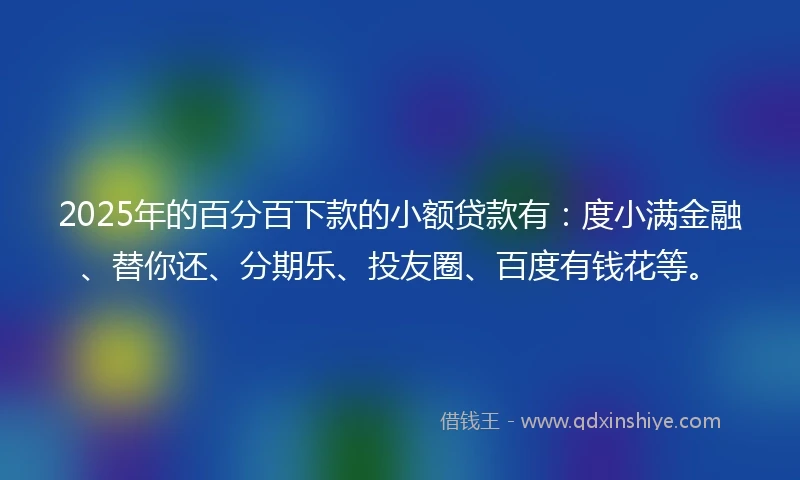 2025年的百分百下款的小额贷款有：度小满金融、替你还、分期乐、投友圈、百度有钱花等。