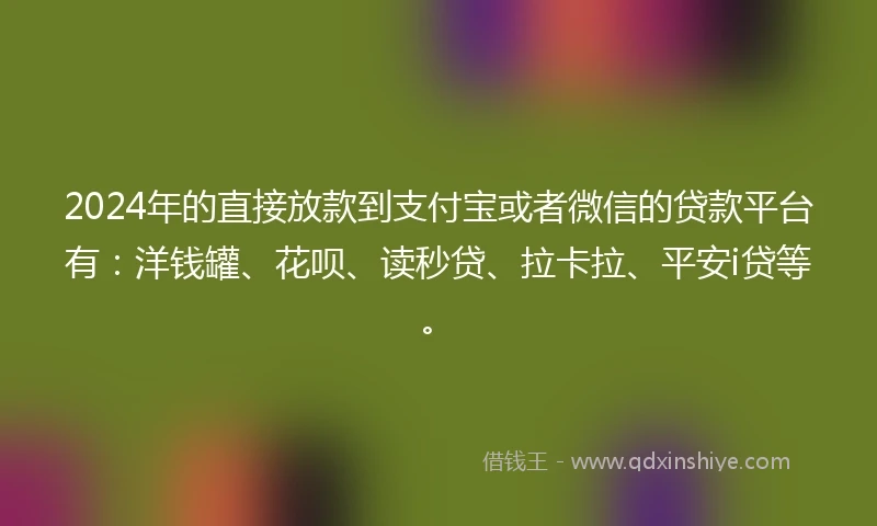 2024年的直接放款到支付宝或者微信的贷款平台有：洋钱罐、花呗、读秒贷、拉卡拉、平安i贷等。