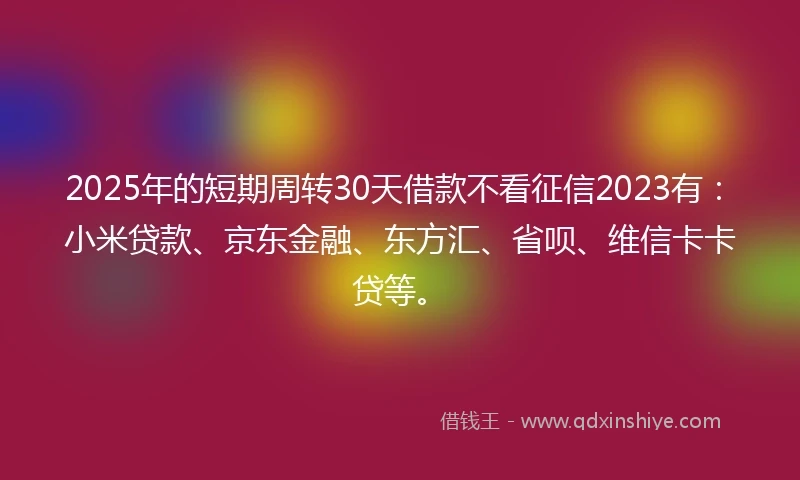 2025年的短期周转30天借款不看征信2023有：小米贷款、京东金融、东方汇、省呗、维信卡卡贷等。