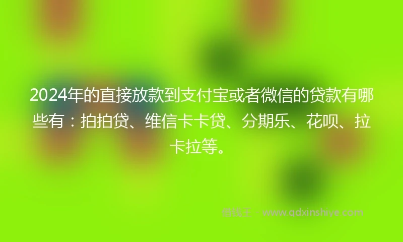2024年的直接放款到支付宝或者微信的贷款有哪些有：拍拍贷、维信卡卡贷、分期乐、花呗、拉卡拉等。