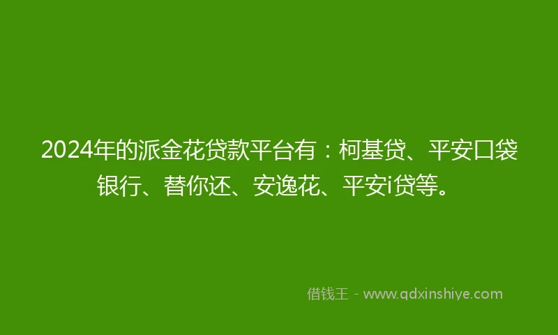 2024年的派金花贷款平台有：柯基贷、平安口袋银行、替你还、安逸花、平安i贷等。
