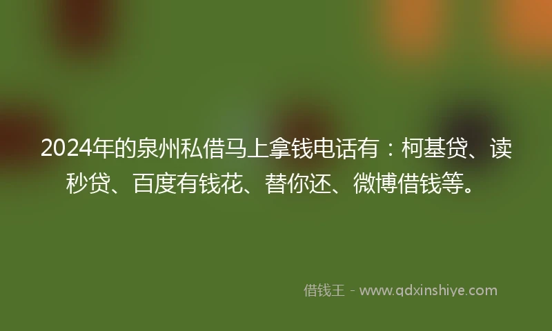 2024年的泉州私借马上拿钱电话有：柯基贷、读秒贷、百度有钱花、替你还、微博借钱等。