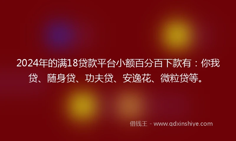 2024年的满18贷款平台小额百分百下款有：你我贷、随身贷、功夫贷、安逸花、微粒贷等。