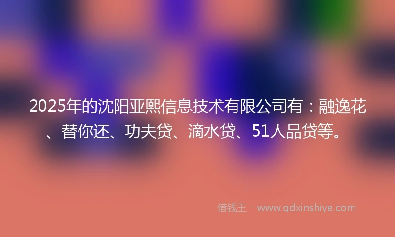 2025年的沈阳亚熙信息技术有限公司有：融逸花、替你还、功夫贷、滴水贷、51人品贷等。