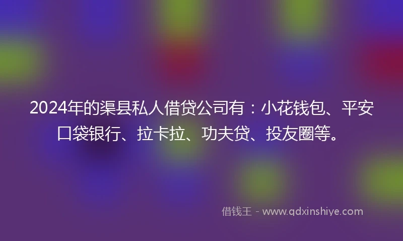2024年的渠县私人借贷公司有:小花钱包、平安口袋银行、拉卡拉、功夫贷、投友圈等。