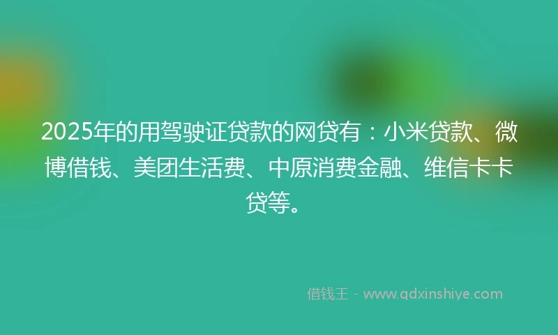 2025年的用驾驶证贷款的网贷有：小米贷款、微博借钱、美团生活费、中原消费金融、维信卡卡贷等。