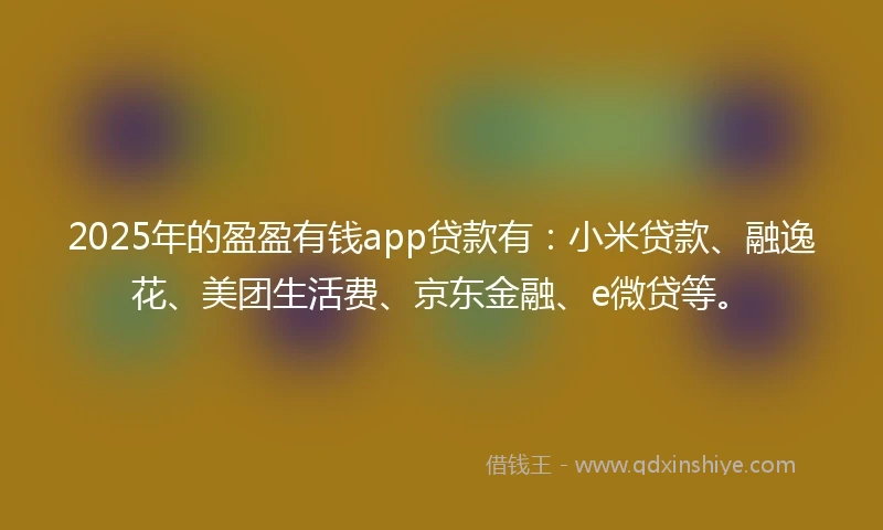 2025年的盈盈有钱app贷款有：小米贷款、融逸花、美团生活费、京东金融、e微贷等。
