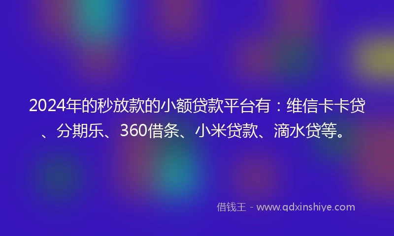2024年的秒放款的小额贷款平台有：维信卡卡贷、分期乐、360借条、小米贷款、滴水贷等。