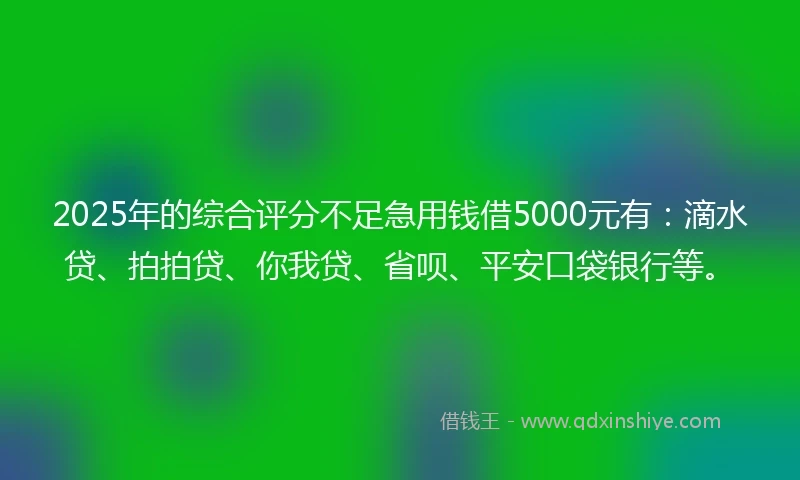 2025年的综合评分不足急用钱借5000元有：滴水贷、拍拍贷、你我贷、省呗、平安口袋银行等。