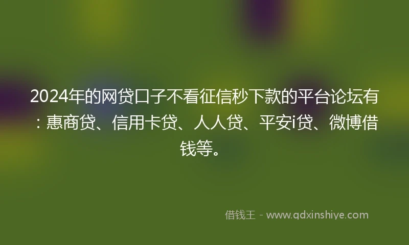 2024年的网贷口子不看征信秒下款的平台论坛有：惠商贷、信用卡贷、人人贷、平安i贷、微博借钱等。