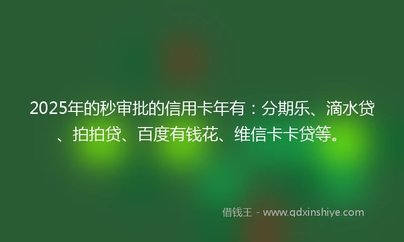 2025年的秒审批的信用卡年有：分期乐、滴水贷、拍拍贷、百度有钱花、维信卡卡贷等。