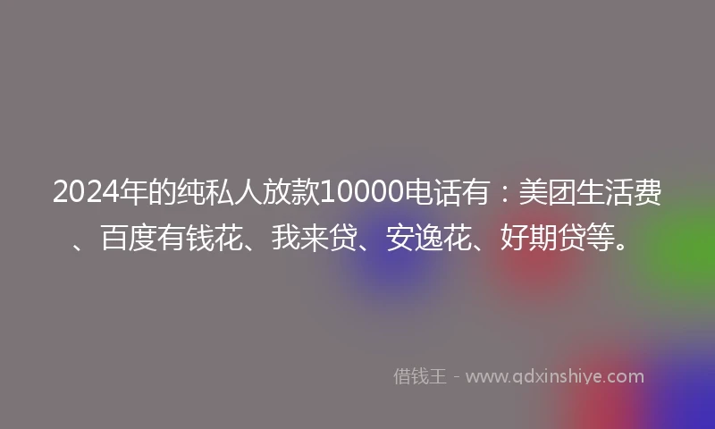 2024年的纯私人放款10000电话有：美团生活费、百度有钱花、我来贷、安逸花、好期贷等。