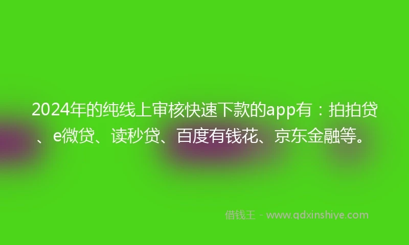 2024年的纯线上审核快速下款的app有：拍拍贷、e微贷、读秒贷、百度有钱花、京东金融等。