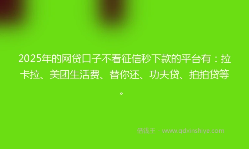 2025年的网贷口子不看征信秒下款的平台有：拉卡拉、美团生活费、替你还、功夫贷、拍拍贷等。