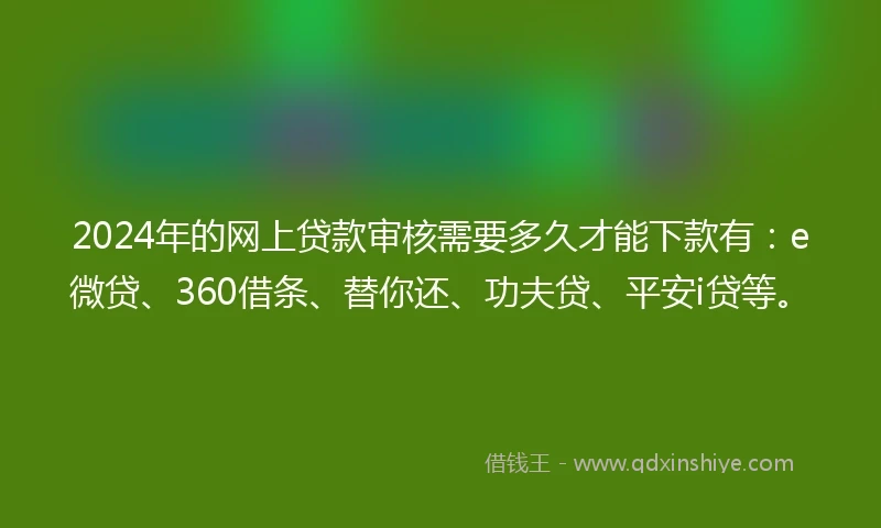 2024年的网上贷款审核需要多久才能下款有：e微贷、360借条、替你还、功夫贷、平安i贷等。
