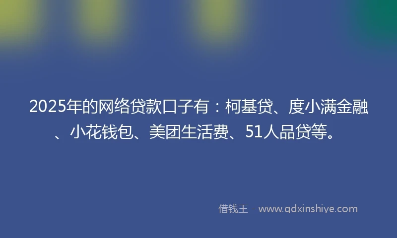 2025年的网络贷款口子有：柯基贷、度小满金融、小花钱包、美团生活费、51人品贷等。