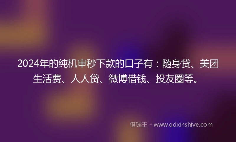 2024年的纯机审秒下款的口子有：随身贷、美团生活费、人人贷、微博借钱、投友圈等。