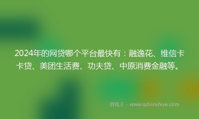 2024年的网贷哪个平台最快有:融逸花、维信卡卡贷、美团生活费、功夫贷、中原消费金融等。