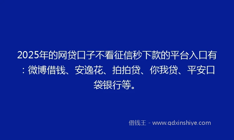 2025年的网贷口子不看征信秒下款的平台入口有：微博借钱、安逸花、拍拍贷、你我贷、平安口袋银行等。