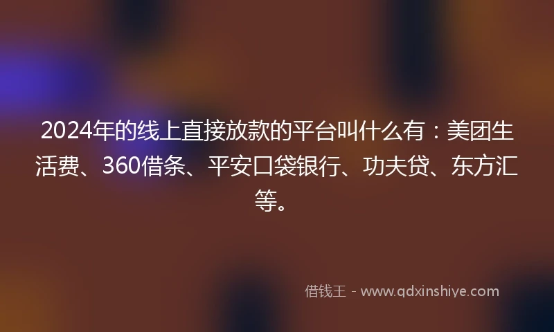 2024年的线上直接放款的平台叫什么有：美团生活费、360借条、平安口袋银行、功夫贷、东方汇等。