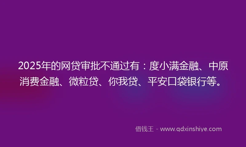 2025年的网贷审批不通过有：度小满金融、中原消费金融、微粒贷、你我贷、平安口袋银行等。