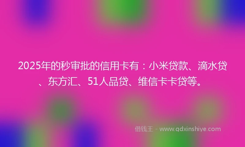 2025年的秒审批的信用卡有:小米贷款、滴水贷、东方汇、51人品贷、维信卡卡贷等。