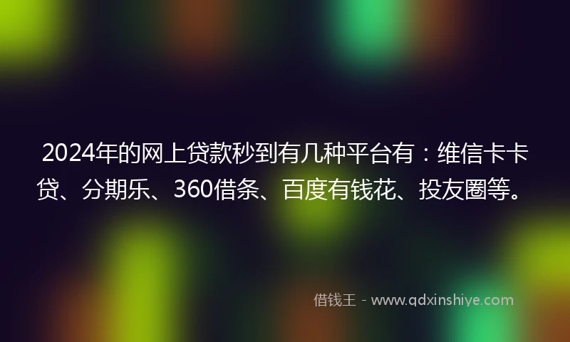 2024年的网上贷款秒到有几种平台有：维信卡卡贷、分期乐、360借条、百度有钱花、投友圈等。