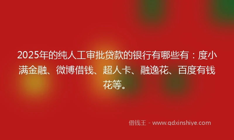 2025年的纯人工审批贷款的银行有哪些有：度小满金融、微博借钱、超人卡、融逸花、百度有钱花等。