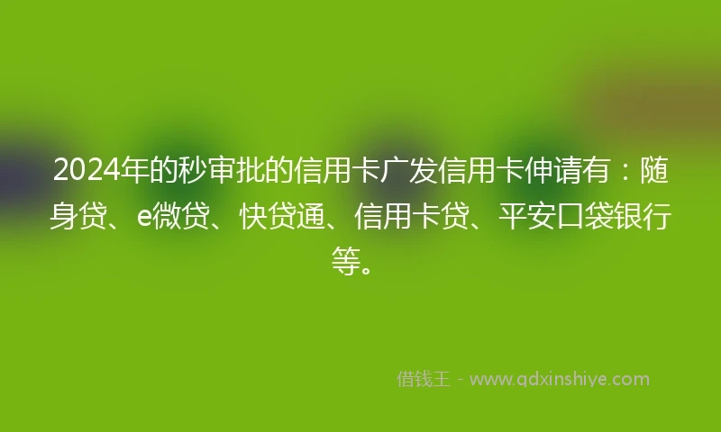 2024年的秒审批的信用卡广发信用卡伸请有：随身贷、e微贷、快贷通、信用卡贷、平安口袋银行等。