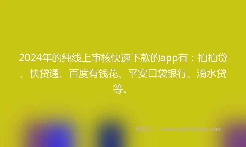 2024年的纯线上审核快速下款的app有：拍拍贷、快贷通、百度有钱花、平安口袋银行、滴水贷等。