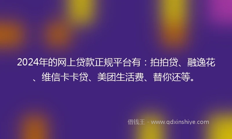 2024年的网上贷款正规平台有：拍拍贷、融逸花、维信卡卡贷、美团生活费、替你还等。