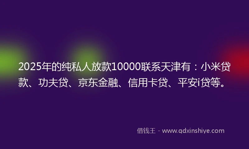 2025年的纯私人放款10000联系天津有：小米贷款、功夫贷、京东金融、信用卡贷、平安i贷等。