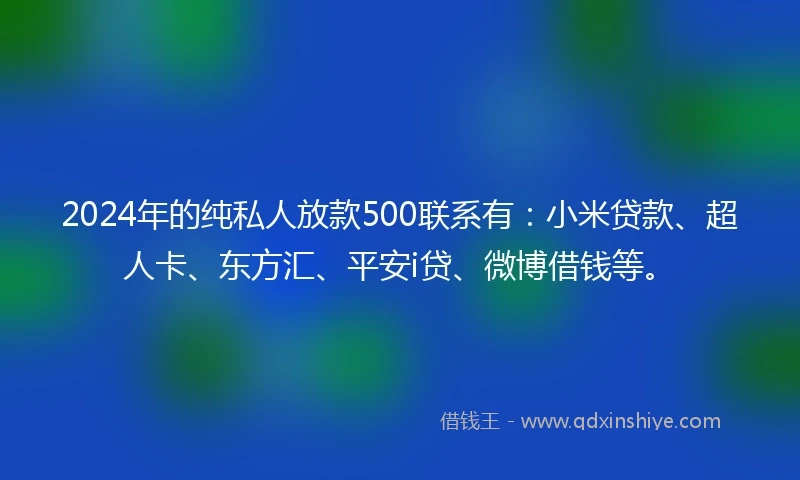 2024年的纯私人放款500联系有：小米贷款、超人卡、东方汇、平安i贷、微博借钱等。