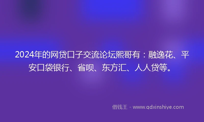 2024年的网贷口子交流论坛熙哥有：融逸花、平安口袋银行、省呗、东方汇、人人贷等。