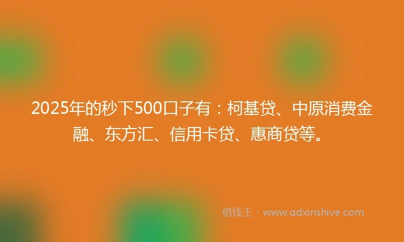 2025年的秒下500口子有：柯基贷、中原消费金融、东方汇、信用卡贷、惠商贷等。