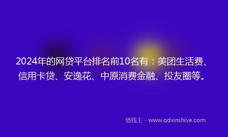 2024年的网贷平台排名前10名有：美团生活费、信用卡贷、安逸花、中原消费金融、投友圈等。