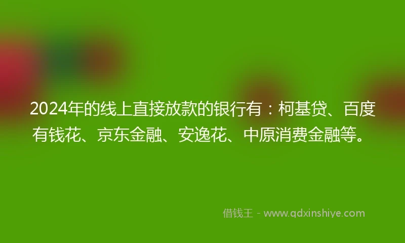 2024年的线上直接放款的银行有：柯基贷、百度有钱花、京东金融、安逸花、中原消费金融等。
