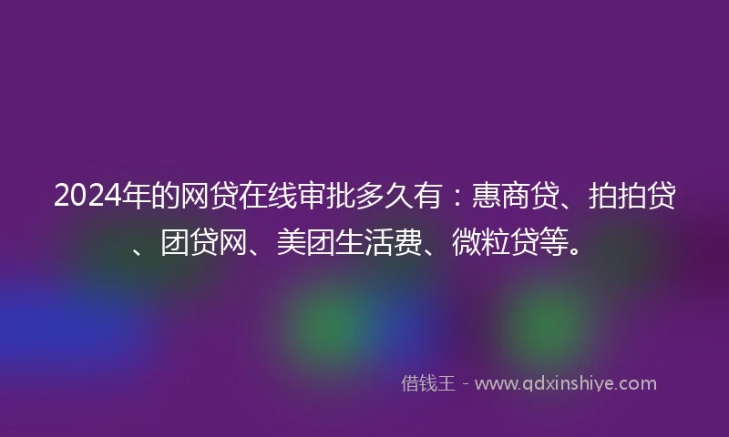 2024年的网贷在线审批多久有：惠商贷、拍拍贷、团贷网、美团生活费、微粒贷等。