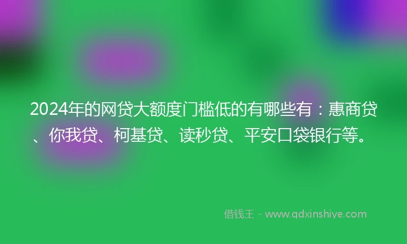 2024年的网贷大额度门槛低的有哪些有：惠商贷、你我贷、柯基贷、读秒贷、平安口袋银行等。