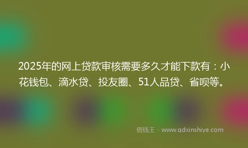 2025年的网上贷款审核需要多久才能下款有：小花钱包、滴水贷、投友圈、51人品贷、省呗等。