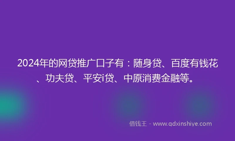 2024年的网贷推广口子有：随身贷、百度有钱花、功夫贷、平安i贷、中原消费金融等。
