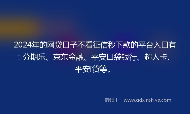 2024年的网贷口子不看征信秒下款的平台入口有：分期乐、京东金融、平安口袋银行、超人卡、平安i贷等。