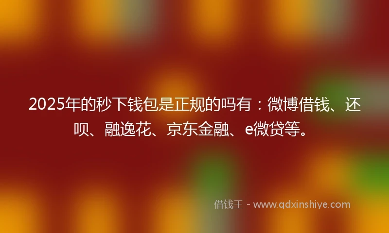 2025年的秒下钱包是正规的吗有:微博借钱、还呗、融逸花、京东金融、e微贷等。